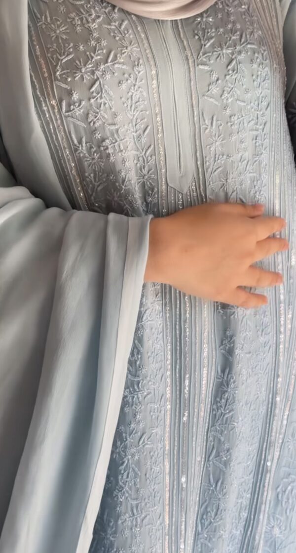 SABA JAFRI ASH Blue Viscose 3 Piece Chikankari Pant Set With Intricate Fine Lucknowi Chikankari And Moti And Cutdana Embellishment - Image 3