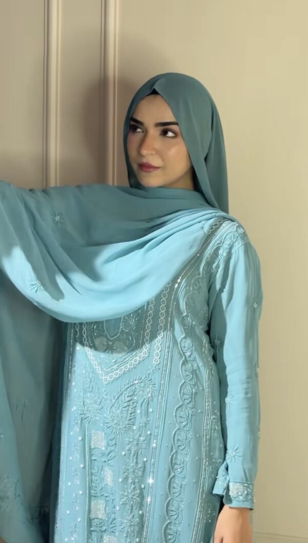 SABA JAFRI Turquoise Blue Viscose 3 Piece Chikankari Pant Set With Intricate Fine Lucknowi Chikankari And Moti And Cutdana Embellishment