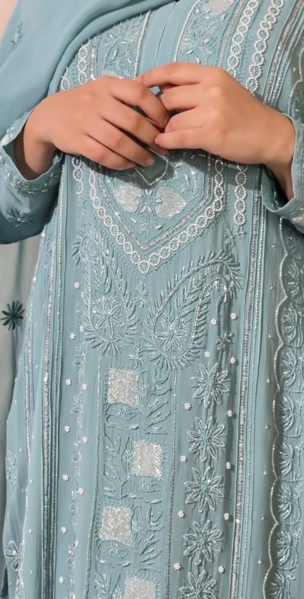 SABA JAFRI Turquoise Blue Viscose 3 Piece Chikankari Pant Set With Intricate Fine Lucknowi Chikankari And Moti And Cutdana Embellishment - Image 3