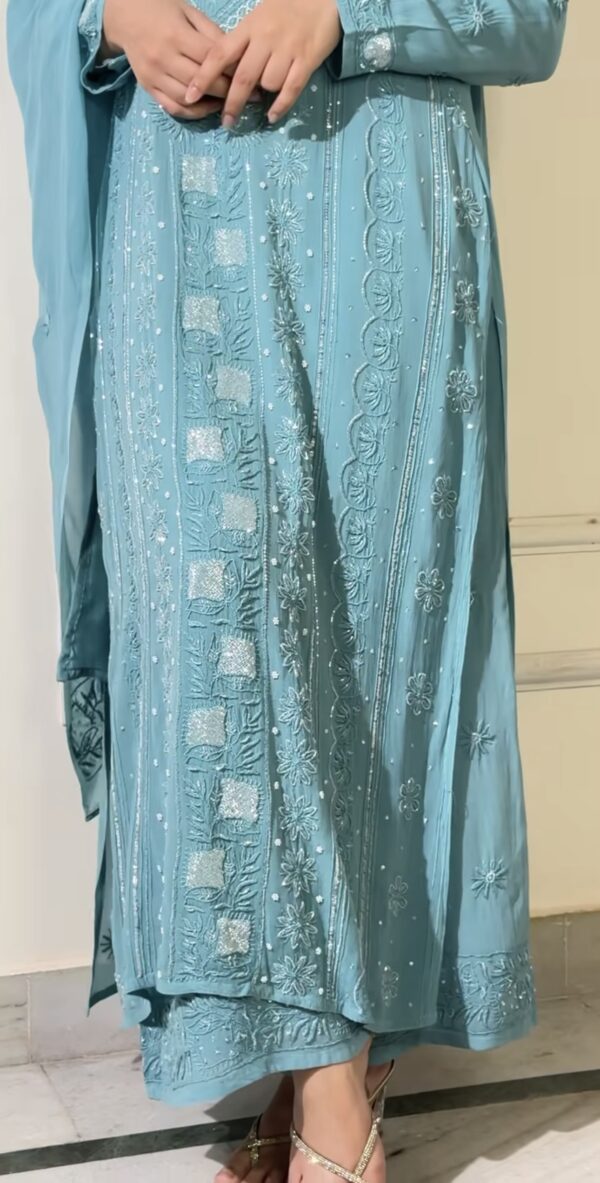 SABA JAFRI Turquoise Blue Viscose 3 Piece Chikankari Pant Set With Intricate Fine Lucknowi Chikankari And Moti And Cutdana Embellishment - Image 4