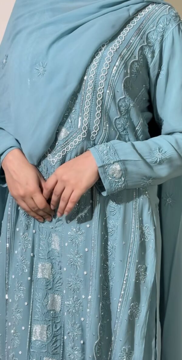 SABA JAFRI Turquoise Blue Viscose 3 Piece Chikankari Pant Set With Intricate Fine Lucknowi Chikankari And Moti And Cutdana Embellishment - Image 5