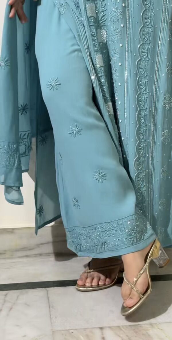 SABA JAFRI Turquoise Blue Viscose 3 Piece Chikankari Pant Set With Intricate Fine Lucknowi Chikankari And Moti And Cutdana Embellishment - Image 6