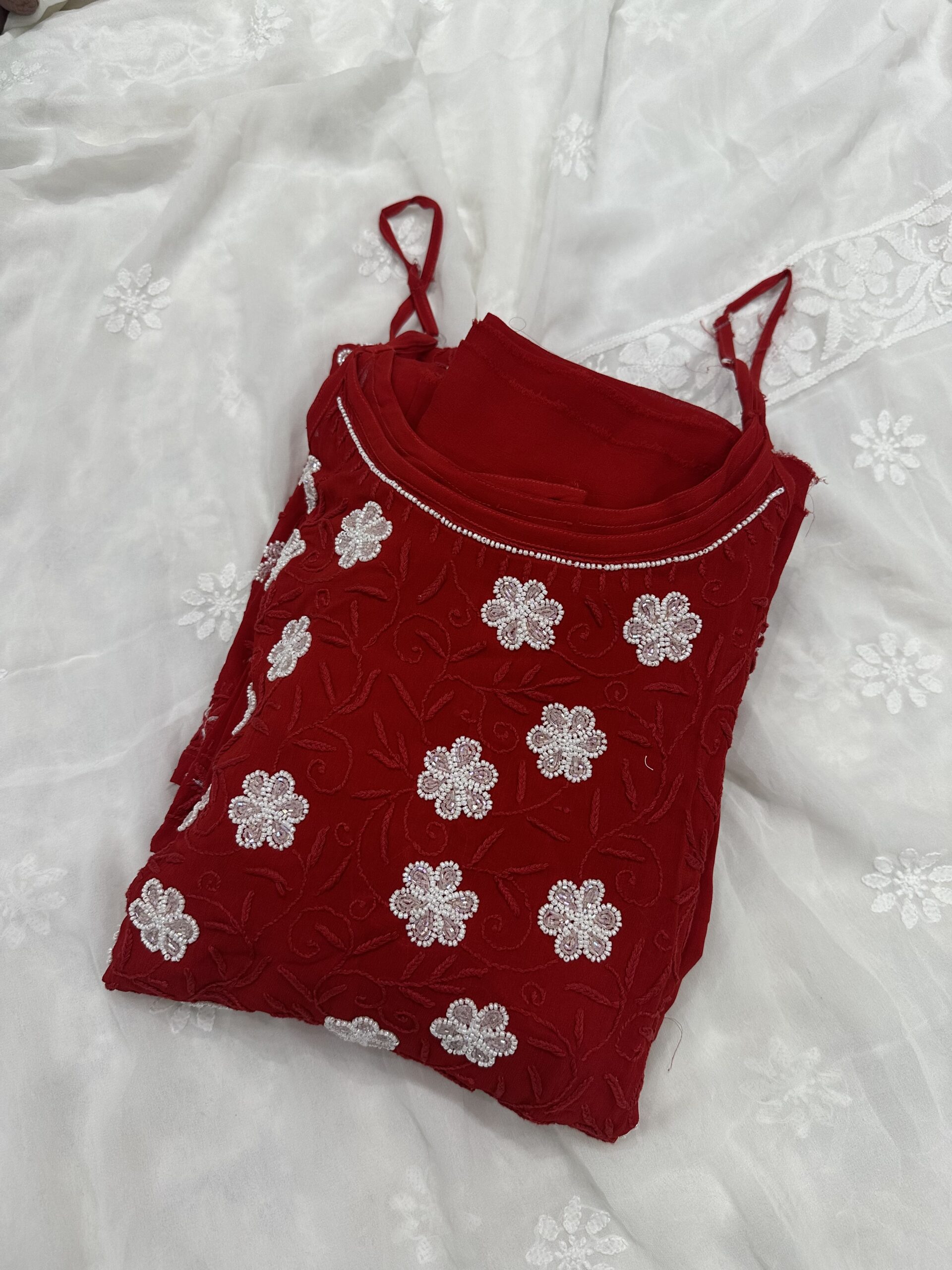 Noor Viscose Georgette Noodle Strap  Kurti With Fine Lucknowi Chikankari  Pearl And Beads