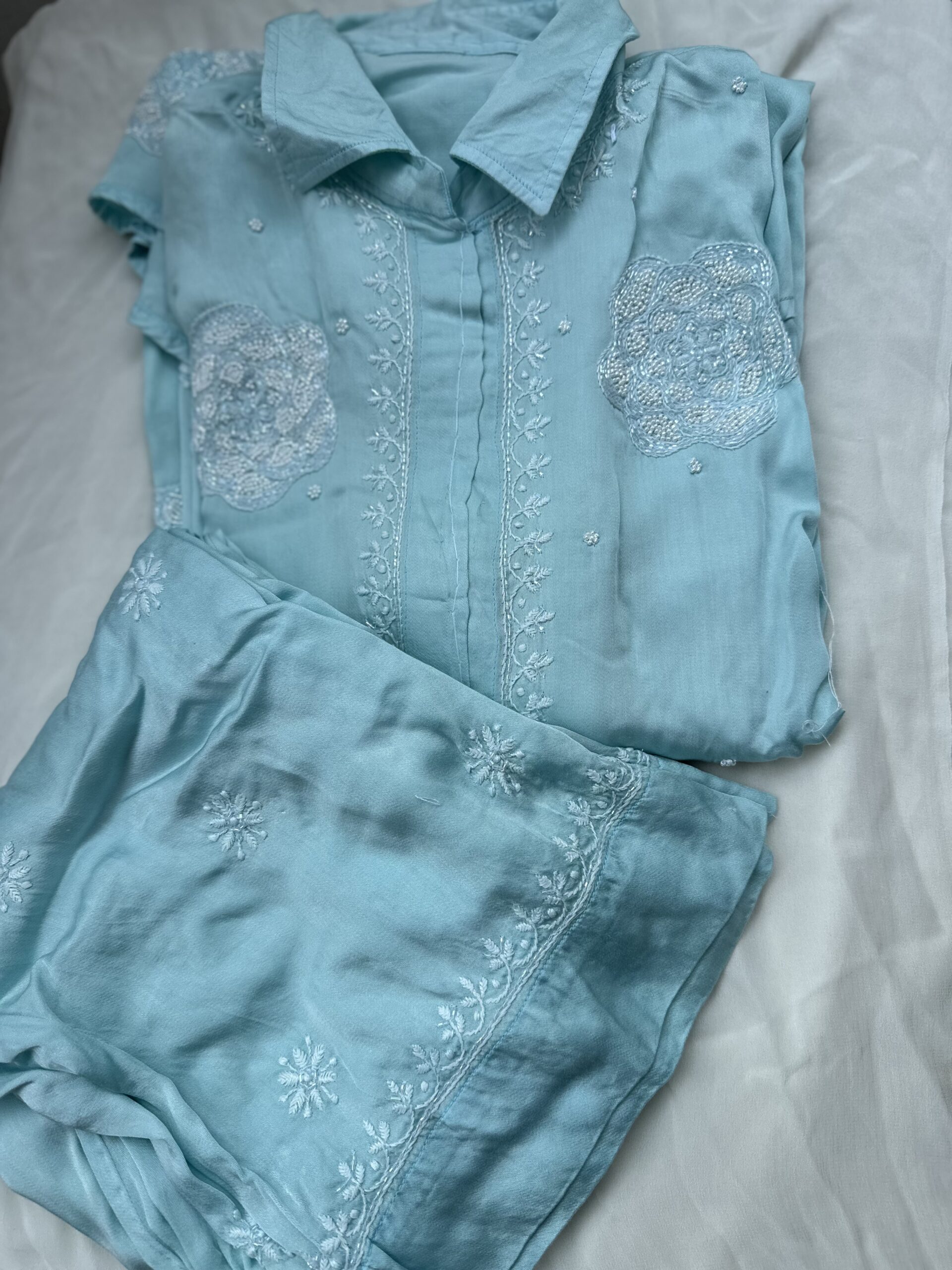 MODAL SATIN  CHIKANKARI CO ORD SET With Fine Lucknowi Chikankari  Beads and Pearls work