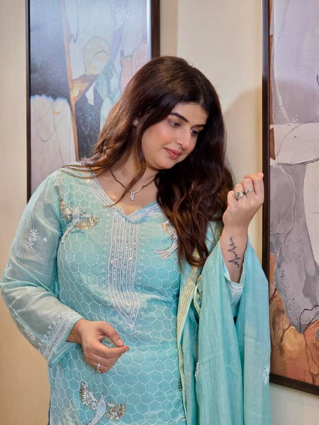 Shilpa Khatwani Sea Green  Bird Mul Chanderi Unstitched Kurta and dupatta With Fine Lucknowi Chikankari Mukaish and  Beads Pearls