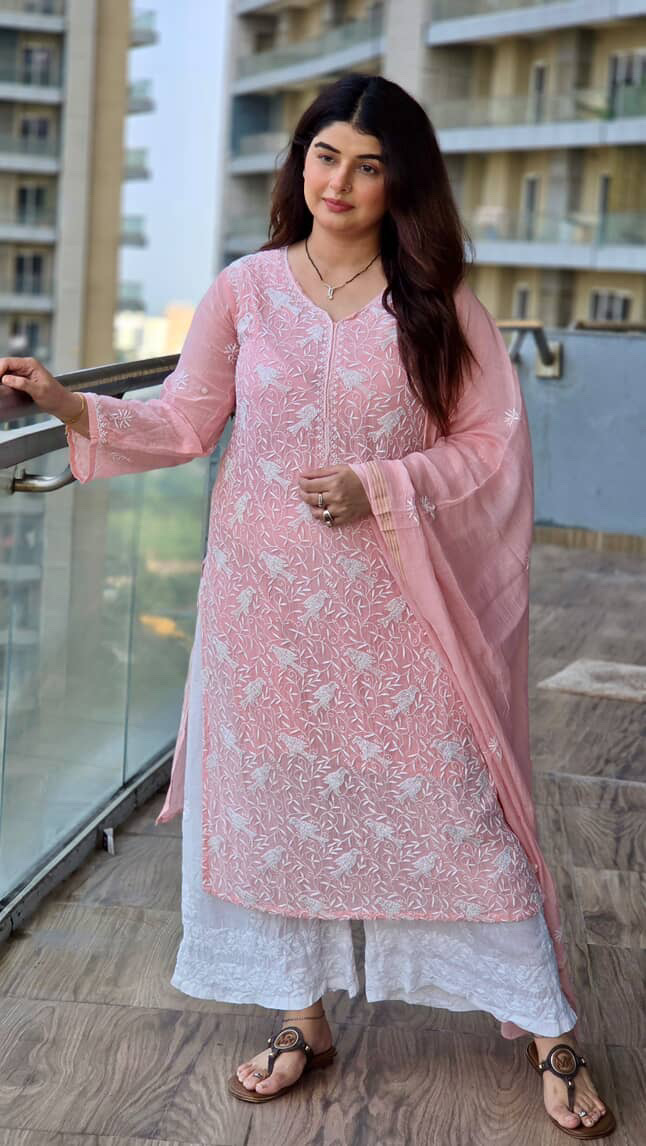 Shilpa Khatwani Peach Bird Mul Chanderi Unstitched Kurta and dupatta With Fine Lucknowi Chikankari Beads and Pearls work - Image 3