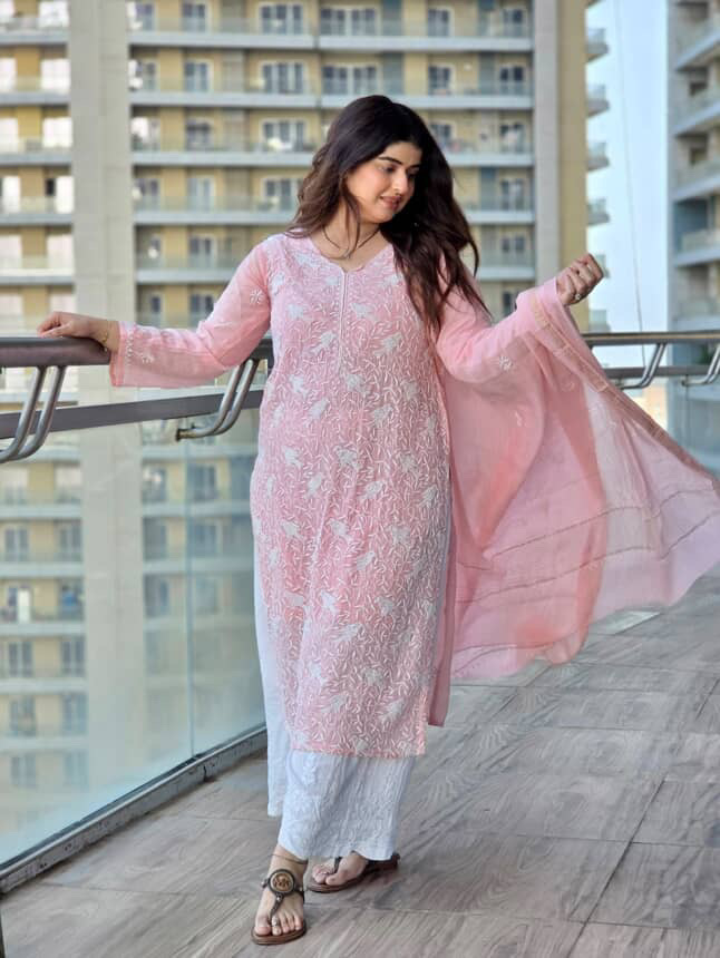 Shilpa Khatwani Peach Bird Mul Chanderi Unstitched Kurta and dupatta With Fine Lucknowi Chikankari Beads and Pearls work - Image 4