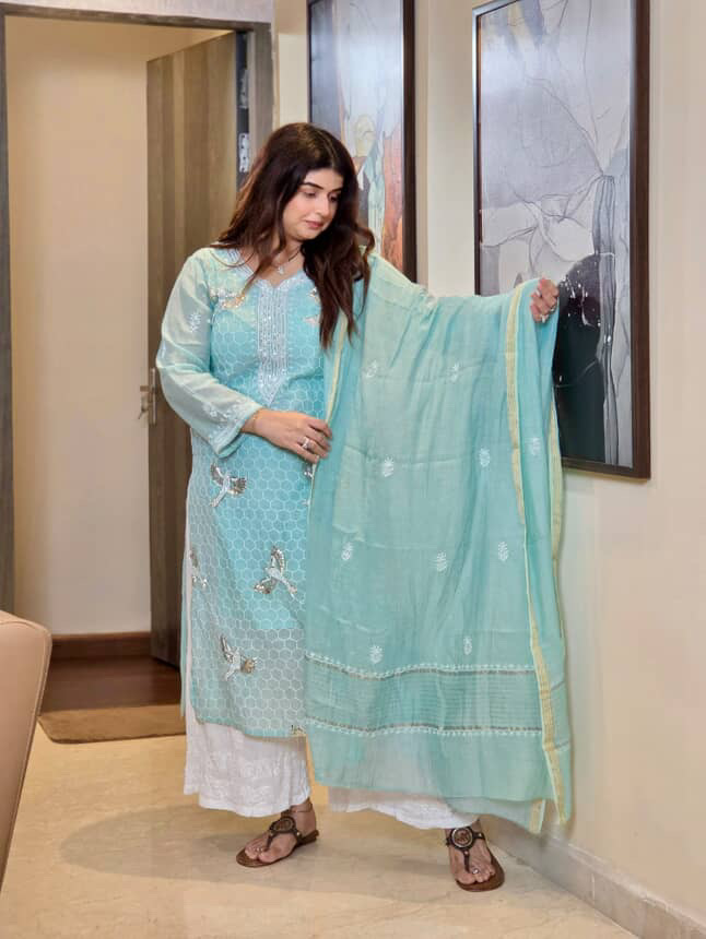 Shilpa Khatwani Sea Green Bird Mul Chanderi Unstitched Kurta and dupatta With Fine Lucknowi Chikankari Mukaish and Beads Pearls - Image 3