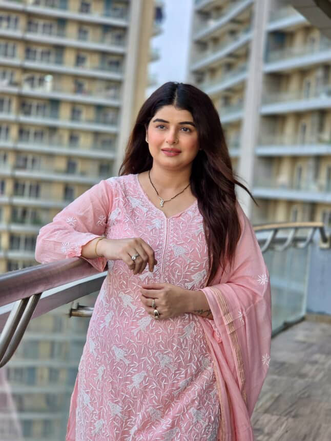 Shilpa Khatwani Peach Bird Mul Chanderi Unstitched Kurta and dupatta With Fine Lucknowi Chikankari Beads and Pearls work