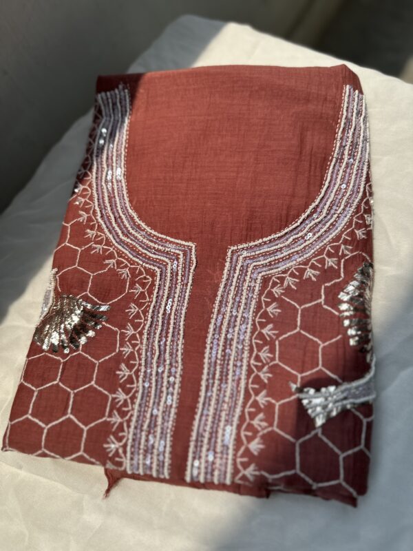 Bela Bird Mul Chanderi Unstitched Kurta and dupatta With Fine Lucknowi Chikankari Mukaish and  Beads Pearls - Image 2