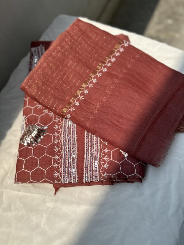 Bela Bird Mul Chanderi Unstitched Kurta and dupatta With Fine Lucknowi Chikankari Mukaish and  Beads Pearls - Image 3