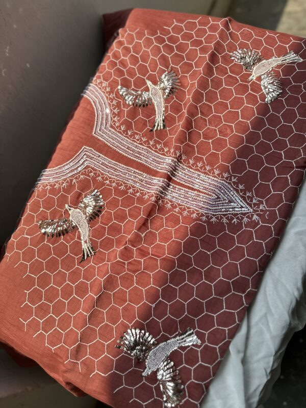Bela Bird Mul Chanderi Unstitched Kurta and dupatta With Fine Lucknowi Chikankari Mukaish and  Beads Pearls - Image 4