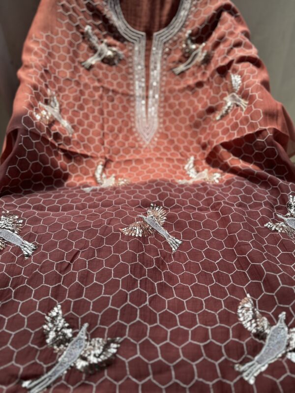 Bela Bird Mul Chanderi Unstitched Kurta and dupatta With Fine Lucknowi Chikankari Mukaish and  Beads Pearls - Image 5