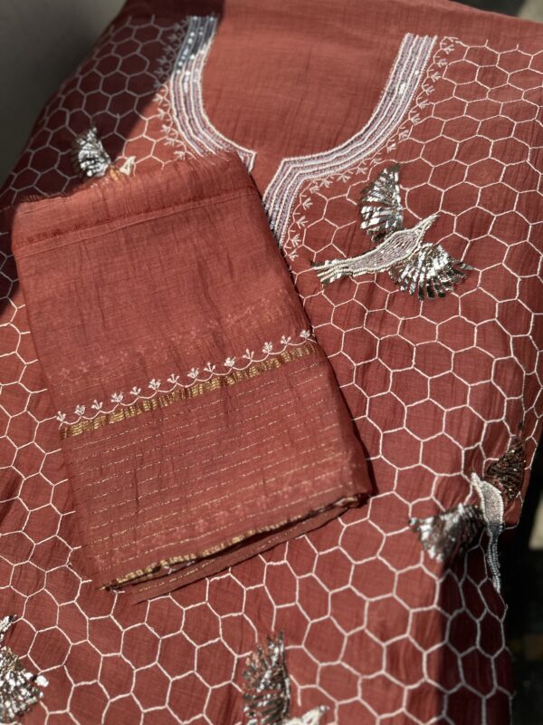Bela Bird Mul Chanderi Unstitched Kurta and dupatta With Fine Lucknowi Chikankari Mukaish and  Beads Pearls