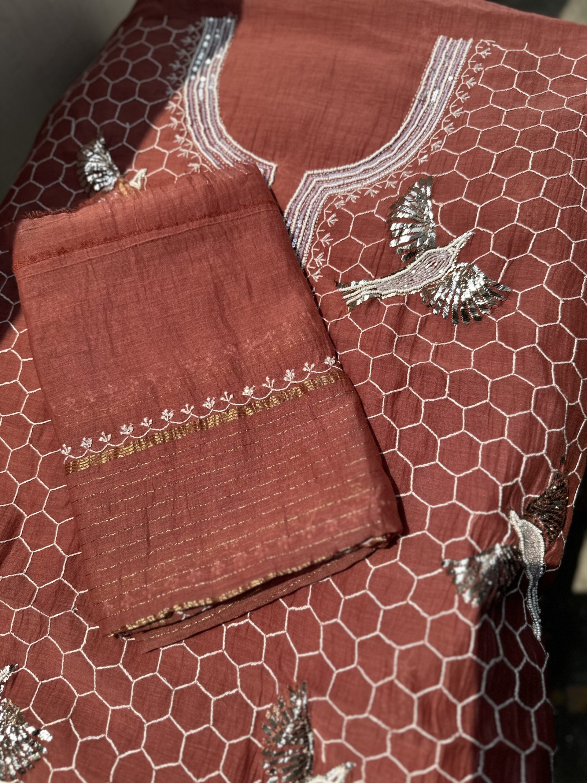 Bela Bird Mul Chanderi Unstitched Kurta and dupatta With Fine Lucknowi Chikankari Mukaish and  Beads Pearls