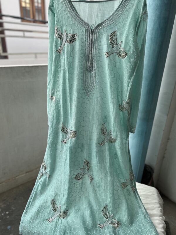 Bela Sea Green  Bird Mul Chanderi Unstitched Kurta and dupatta With Fine Lucknowi Chikankari Mukaish and  Beads Pearls - Image 5