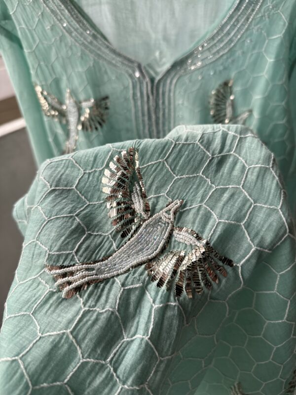 Bela Sea Green  Bird Mul Chanderi Unstitched Kurta and dupatta With Fine Lucknowi Chikankari Mukaish and  Beads Pearls