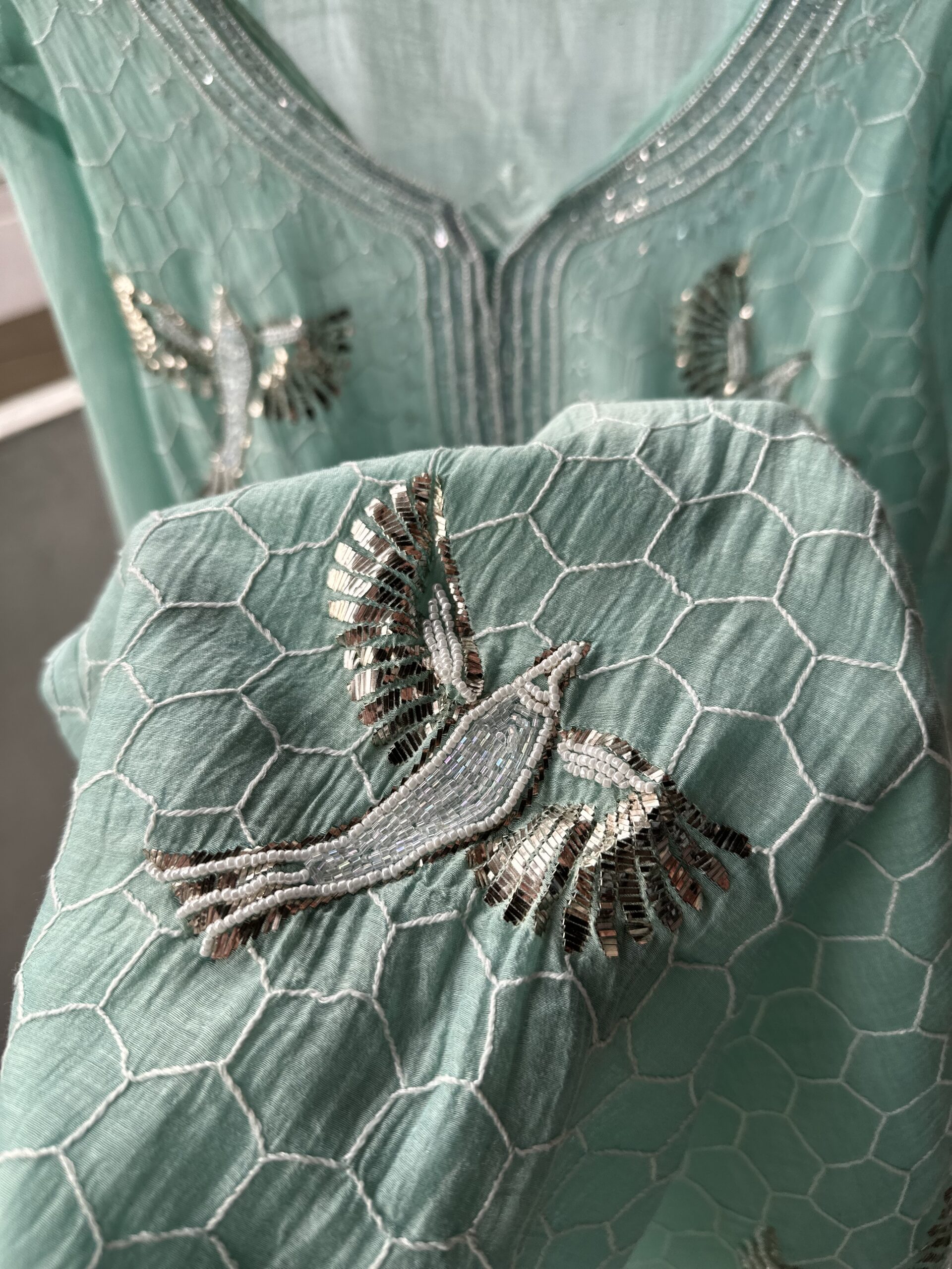 Bela Sea Green  Bird Mul Chanderi Unstitched Kurta and dupatta With Fine Lucknowi Chikankari Mukaish and  Beads Pearls