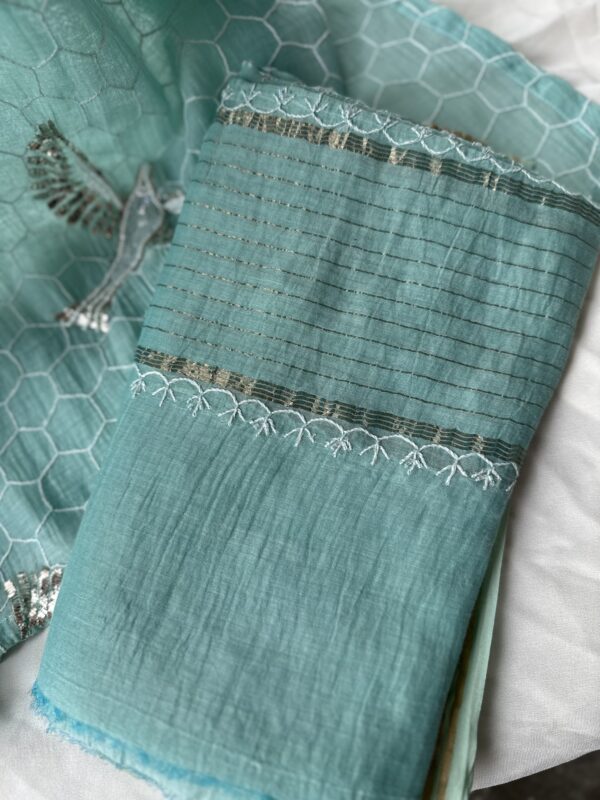 Bela Sea Green  Bird Mul Chanderi Unstitched Kurta and dupatta With Fine Lucknowi Chikankari Mukaish and  Beads Pearls - Image 7