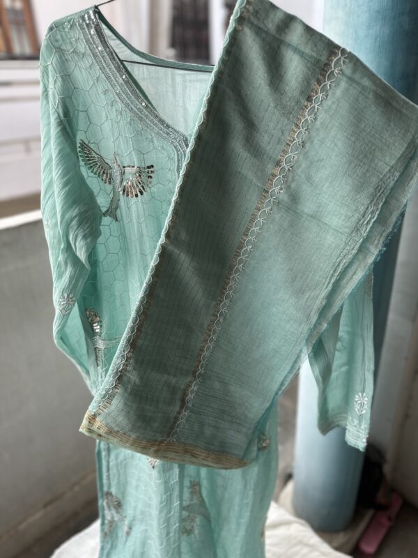 Bela Sea Green  Bird Mul Chanderi Unstitched Kurta and dupatta With Fine Lucknowi Chikankari Mukaish and  Beads Pearls - Image 6
