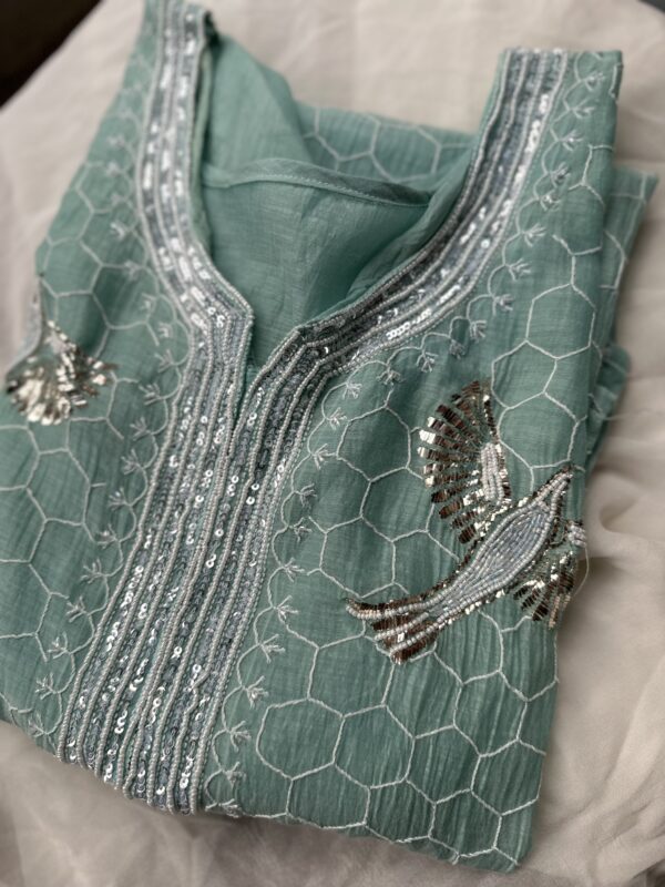 Bela Sea Green  Bird Mul Chanderi Unstitched Kurta and dupatta With Fine Lucknowi Chikankari Mukaish and  Beads Pearls - Image 2