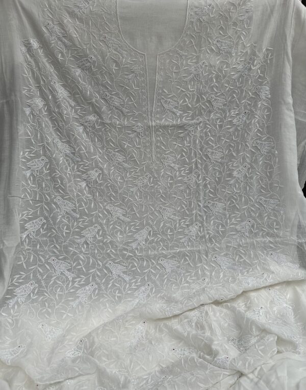 Bird Mul Chanderi Unstitched Kurta and dupatta With Fine Lucknowi Chikankari Beads and Pearls  work - Image 2
