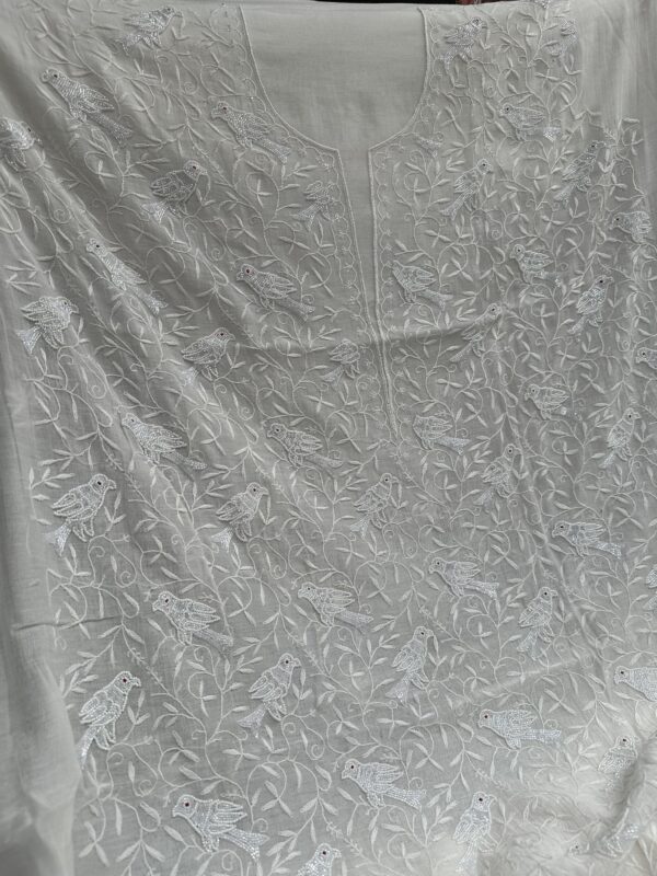 Bird Mul Chanderi Unstitched Kurta and dupatta With Fine Lucknowi Chikankari Beads and Pearls  work