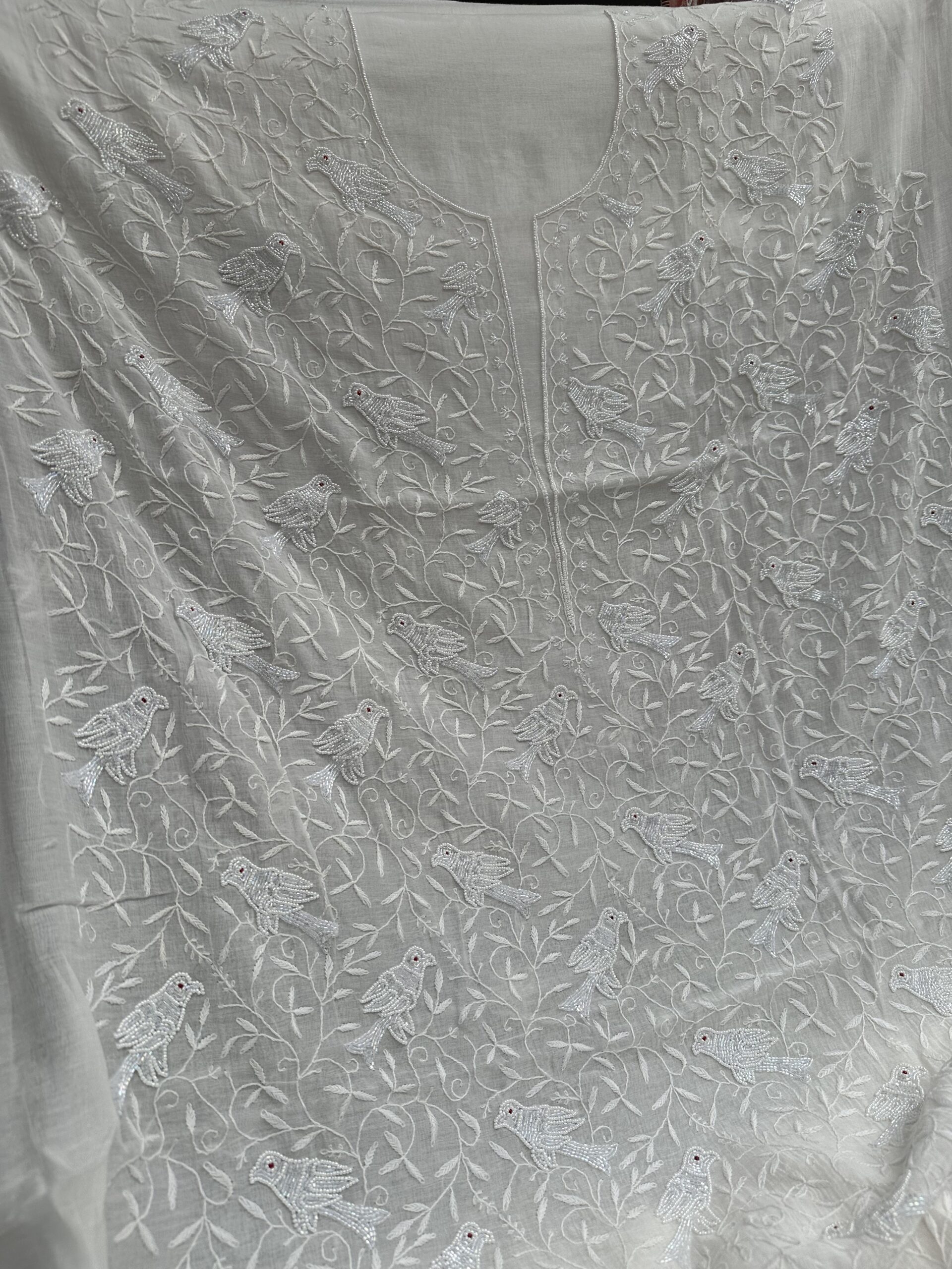 Bird Mul Chanderi Unstitched Kurta and dupatta With Fine Lucknowi Chikankari Beads and Pearls  work
