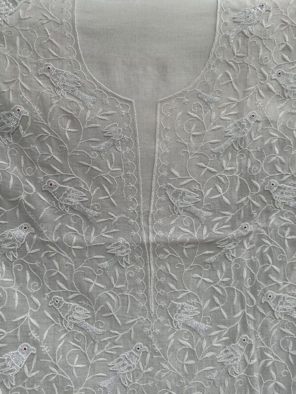 Bird Mul Chanderi Unstitched Kurta and dupatta With Fine Lucknowi Chikankari Beads and Pearls  work - Image 4