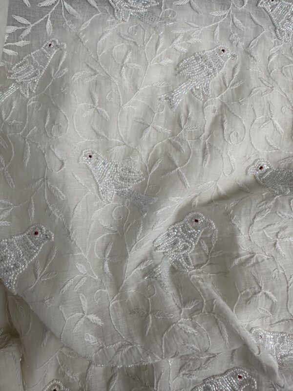 Bird Mul Chanderi Unstitched Kurta and dupatta With Fine Lucknowi Chikankari Beads and Pearls  work - Image 5