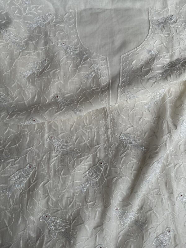 Bird Mul Chanderi Unstitched Kurta and dupatta With Fine Lucknowi Chikankari Beads and Pearls  work - Image 6