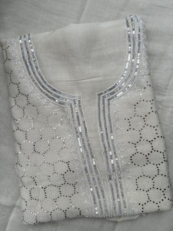 Bela Butterfly Mul Chanderi Unstitched Kurta and dupatta With  Mukaish and Pearls  work - Image 2