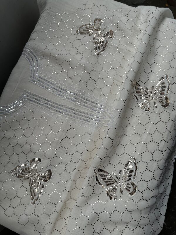 Bela Butterfly Mul Chanderi Unstitched Kurta and dupatta With  Mukaish and Pearls  work - Image 5