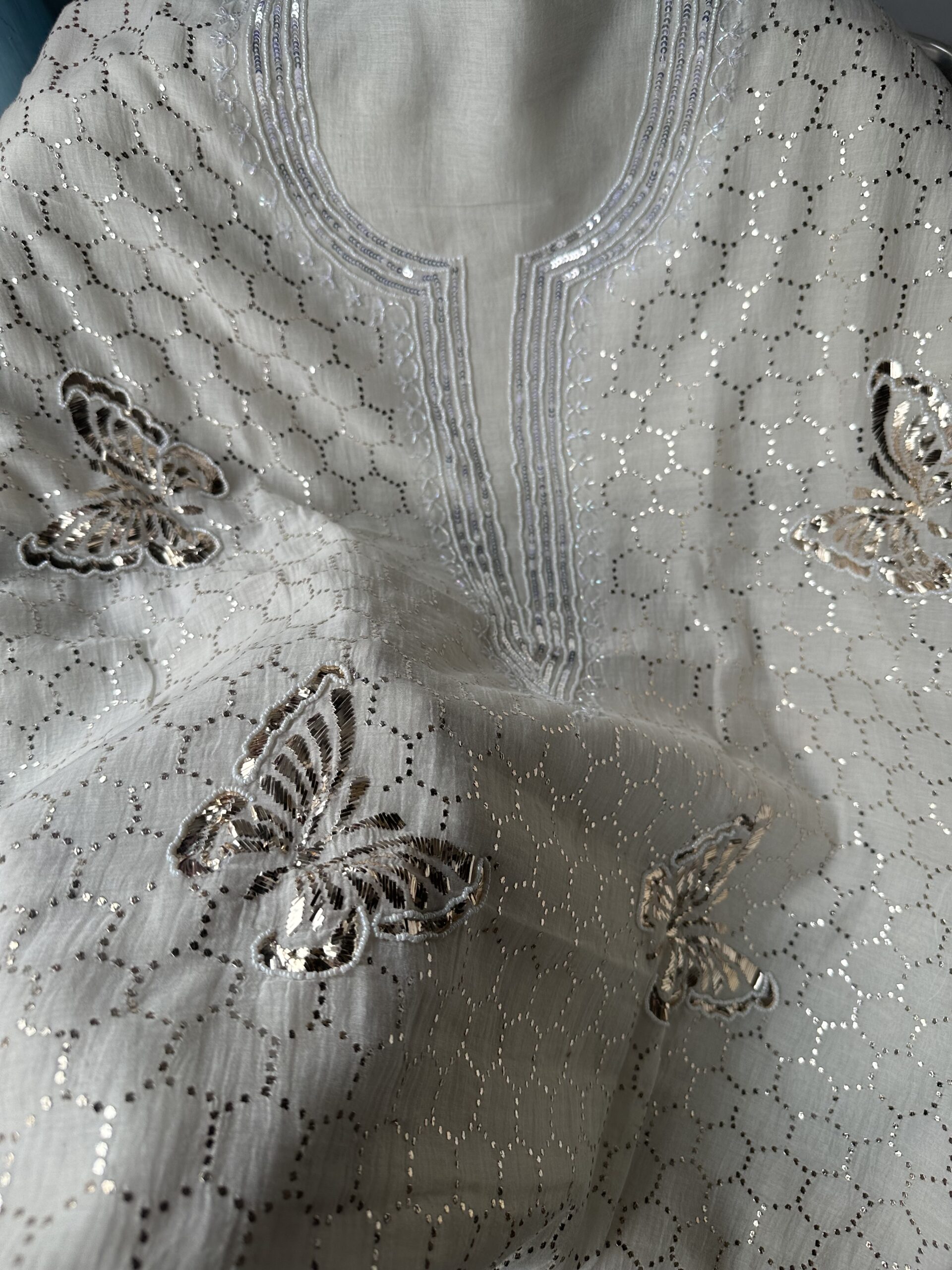 Bela Butterfly Mul Chanderi Unstitched Kurta and dupatta With  Mukaish and Pearls  work