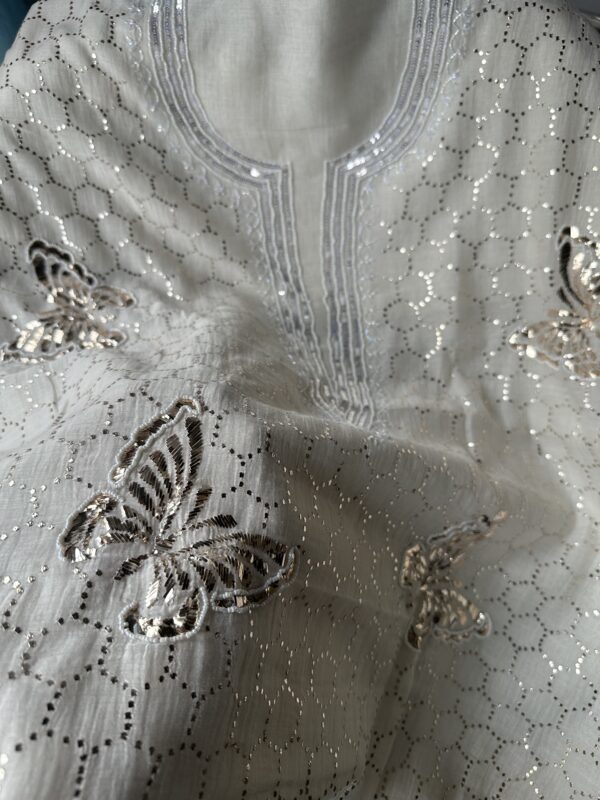 Bela Butterfly Mul Chanderi Unstitched Kurta and dupatta With  Mukaish and Pearls  work - Image 9