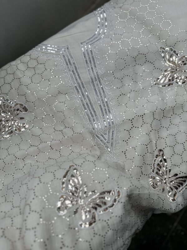 Bela Butterfly Mul Chanderi Unstitched Kurta and dupatta With  Mukaish and Pearls  work - Image 6