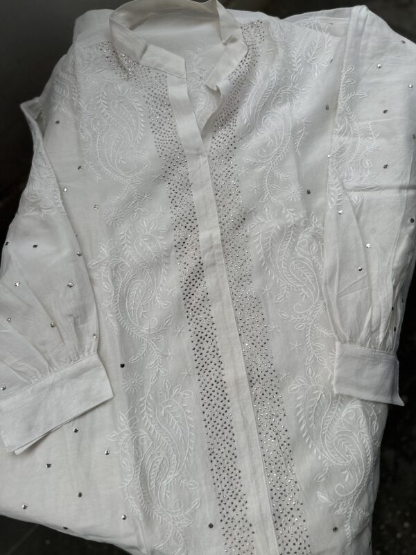 CHANDERI  CHIKANKARI  SHIRT  With Fine Lucknowi Chikankari  and  mukaish work - Image 3
