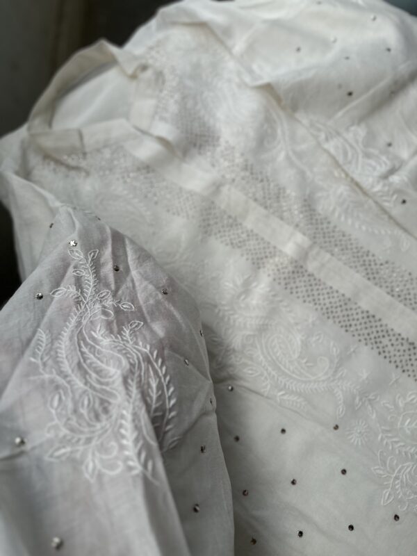 CHANDERI  CHIKANKARI  SHIRT  With Fine Lucknowi Chikankari  and  mukaish work - Image 6