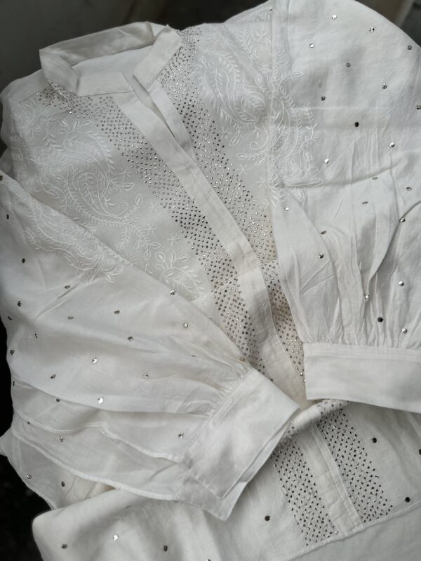 CHANDERI  CHIKANKARI  SHIRT  With Fine Lucknowi Chikankari  and  mukaish work - Image 7