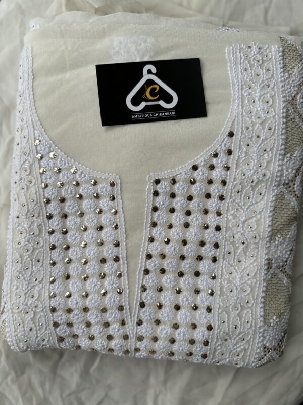 Pure Georgette Unstitched Kurta  and dupatta set With Fine Lucknowi Chikankari  Haath ki Jaali  And Mukaish work - Image 2