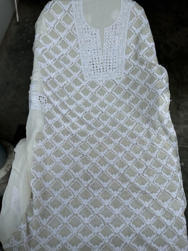 Pure Georgette Unstitched Kurta  and dupatta set With Fine Lucknowi Chikankari  Haath ki Jaali  And Mukaish work - Image 3