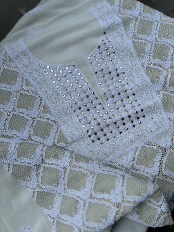 Pure Georgette Unstitched Kurta  and dupatta set With Fine Lucknowi Chikankari  Haath ki Jaali  And Mukaish work - Image 6
