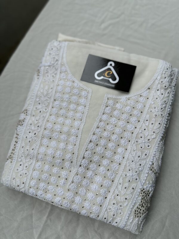 Pure Georgette Unstitched Kurta  and dupatta set With Fine Lucknowi Chikankari  And Mukaish work - Image 2