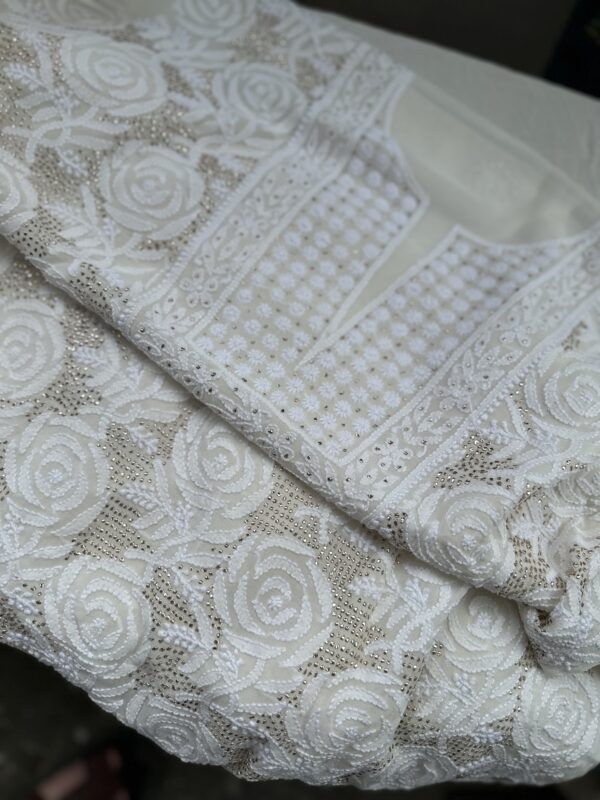 Pure Georgette Unstitched Kurta  and dupatta set With Fine Lucknowi Chikankari  And Mukaish work - Image 3