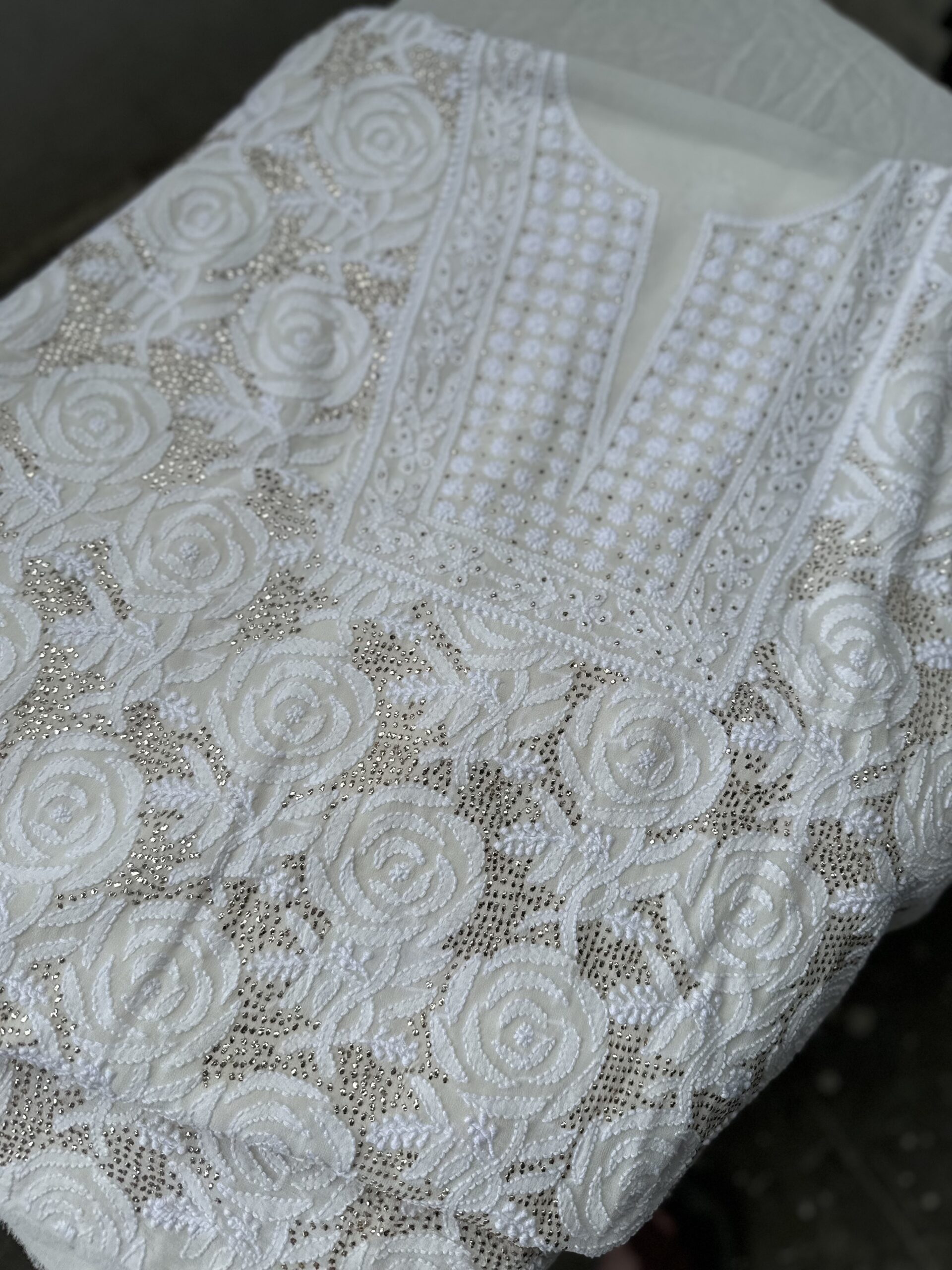 Pure Georgette Unstitched Kurta  and dupatta set With Fine Lucknowi Chikankari  And Mukaish work