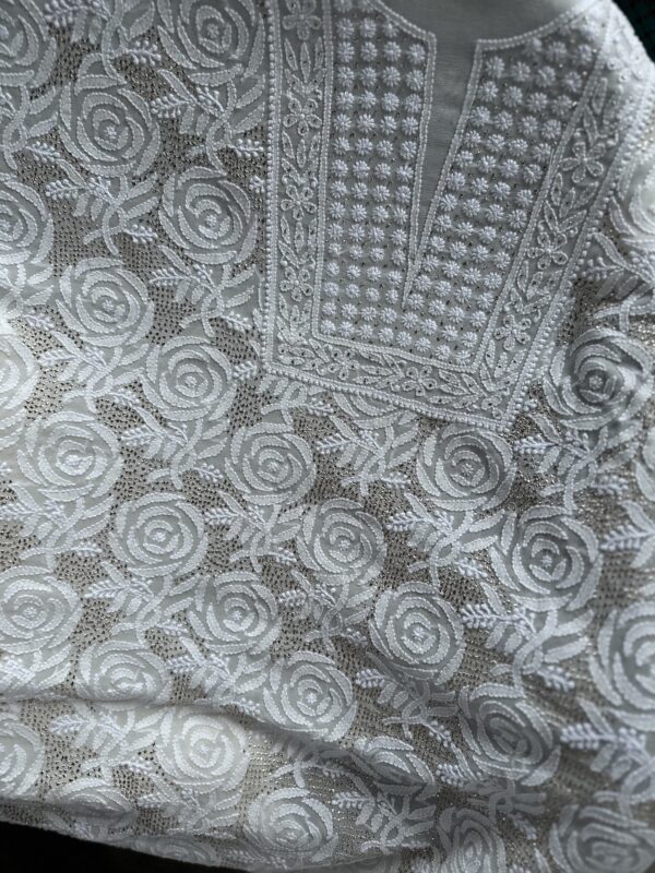 Pure Georgette Unstitched Kurta  and dupatta set With Fine Lucknowi Chikankari  And Mukaish work - Image 5