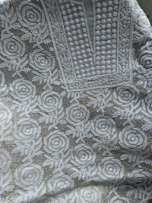 Pure Georgette Unstitched Kurta  and dupatta set With Fine Lucknowi Chikankari  And Mukaish work - Image 6