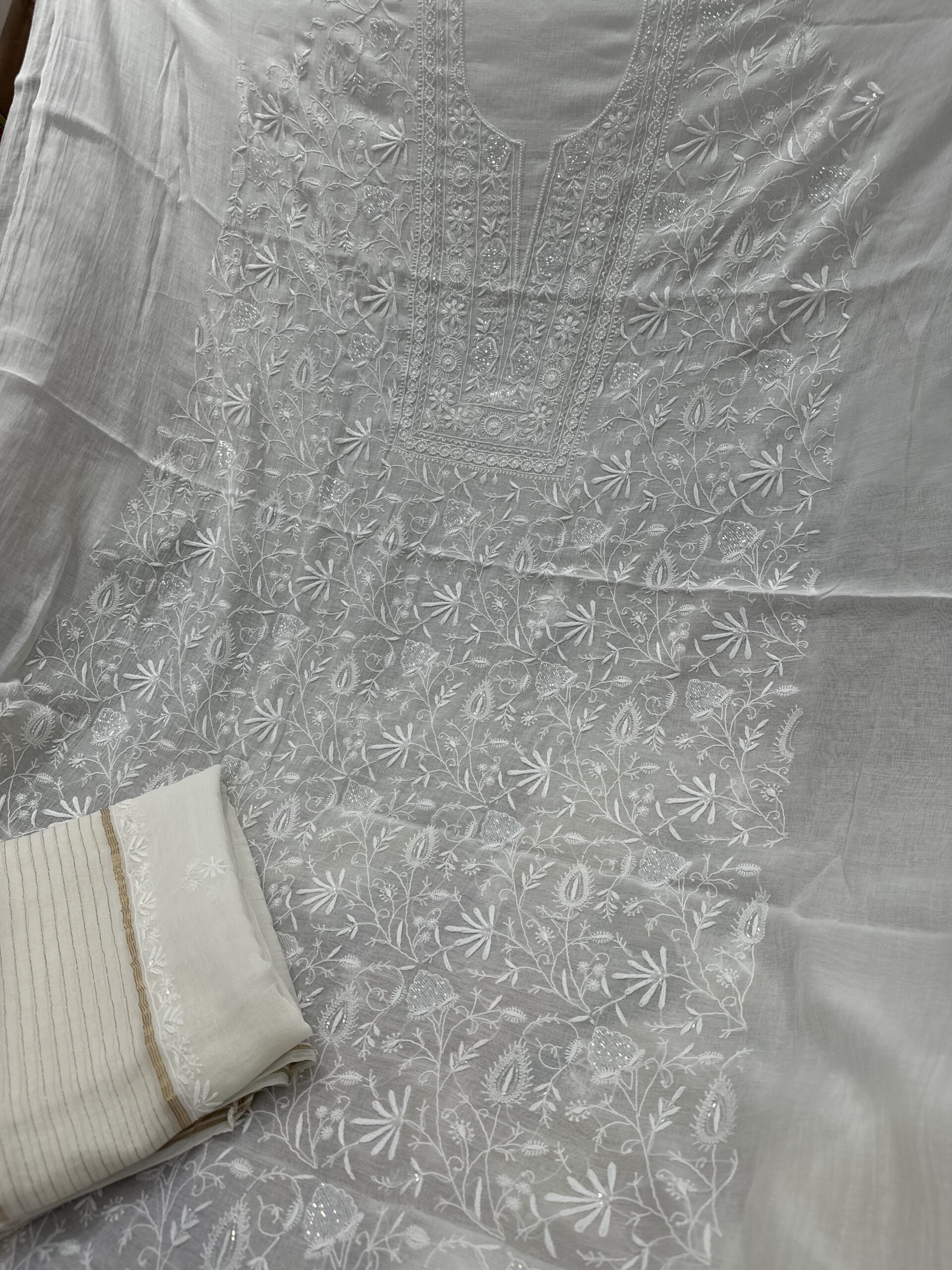 Mul Chanderi Unstitched Kurta and dupatta With Fine Lucknowi Chikankari Beads and Pearls work