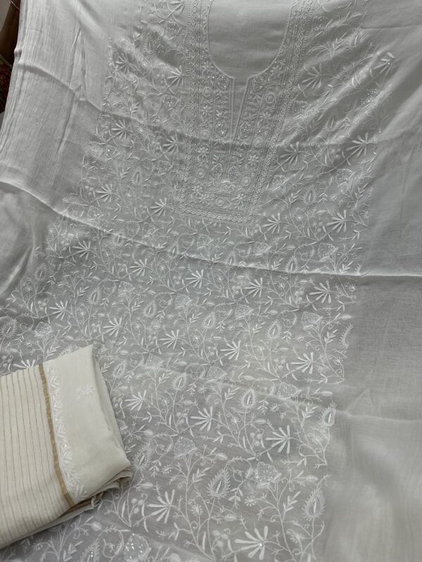 Mul Chanderi Unstitched Kurta and dupatta With Fine Lucknowi Chikankari Beads and Pearls work - Image 3