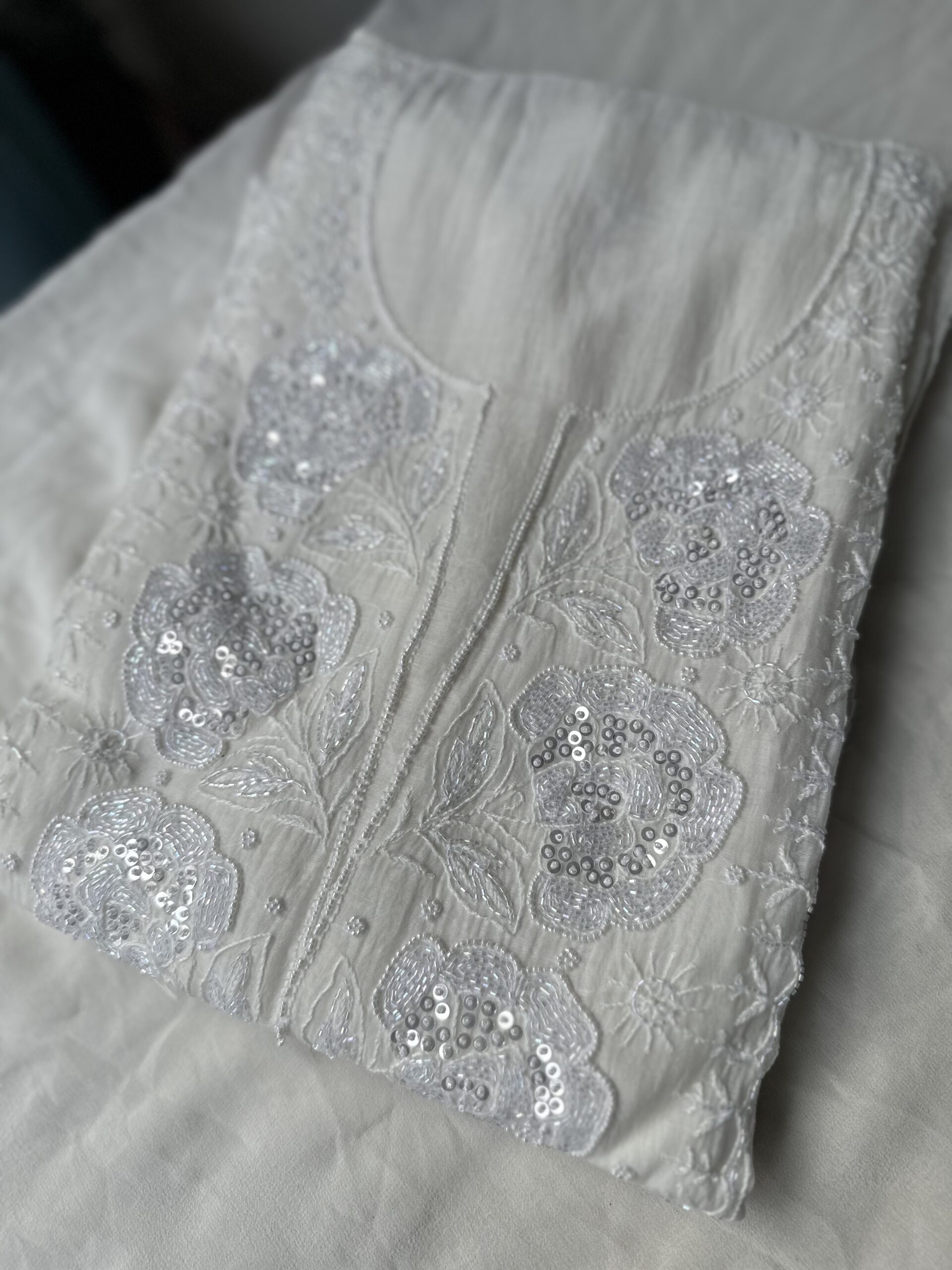 MUL CHANDERI KURTA AND DUPATTA With  Fine Lucknowi Chikankari and Beads work